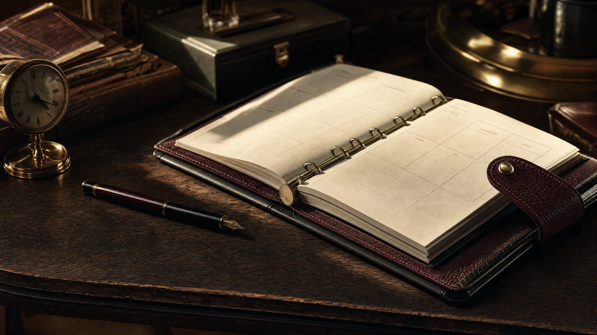 Lederbuch-Terminkalender und Füllfeder am Schreibtisch
