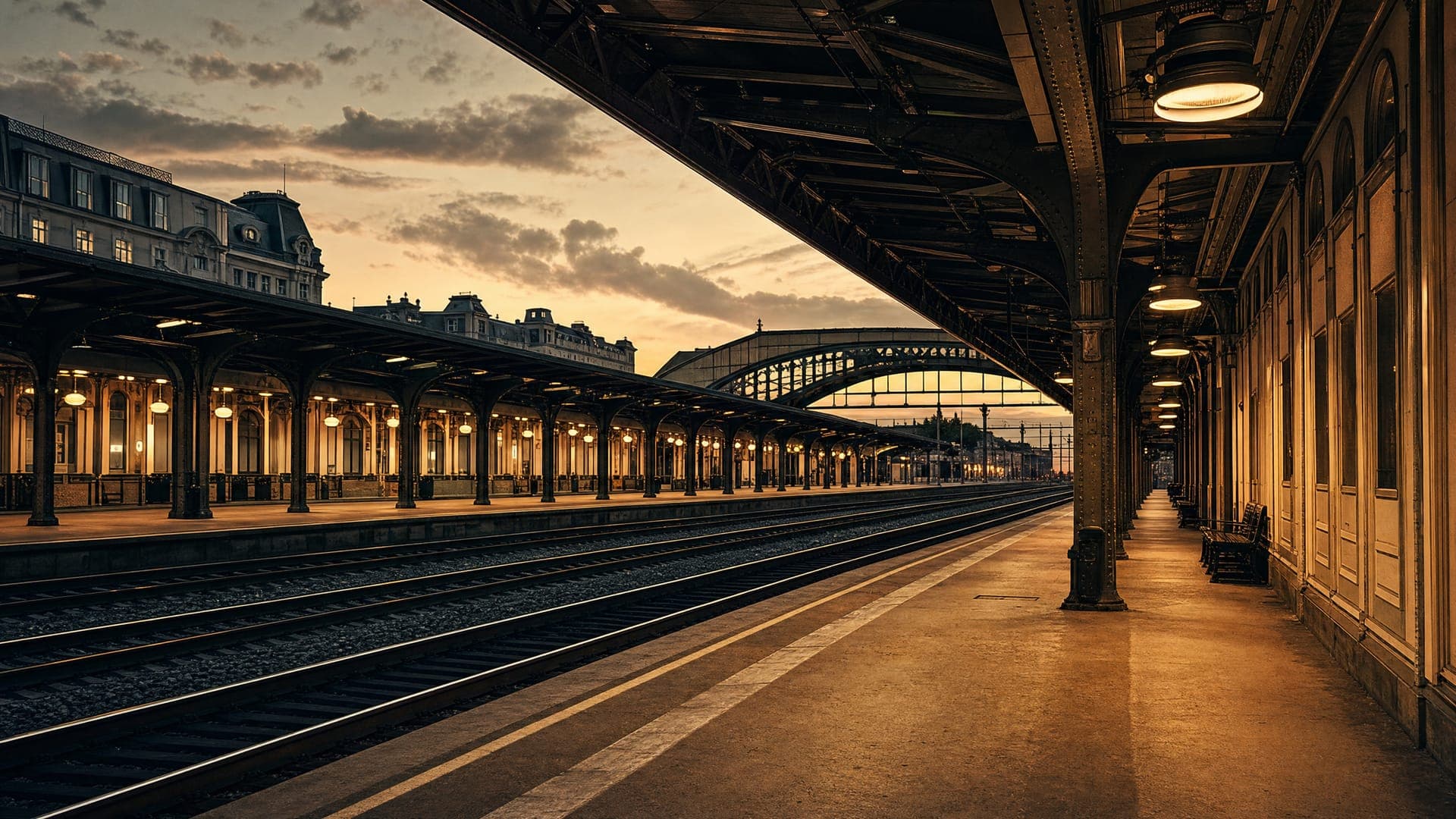 Wiener Bahnhof am Abend, klassische Eisenkonstruktion