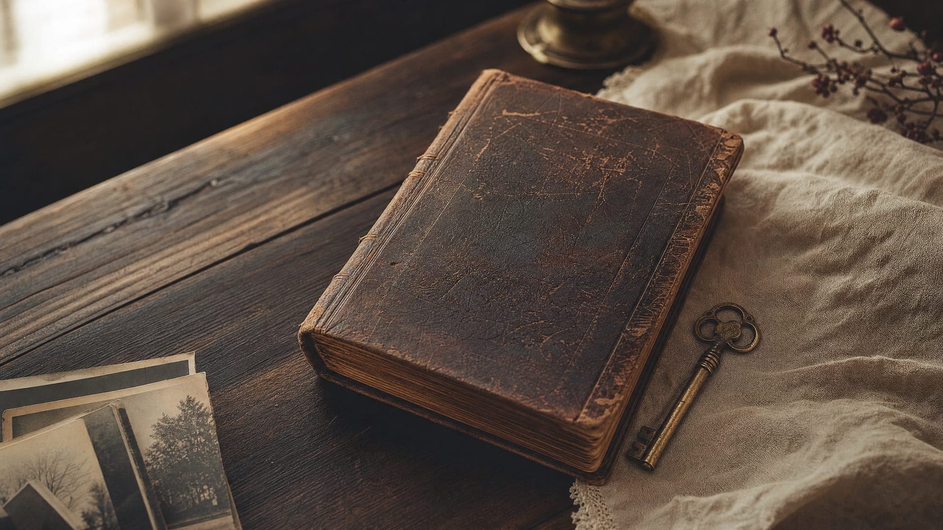 Lederbuch und Familienerinnerungen auf dunklem Holz