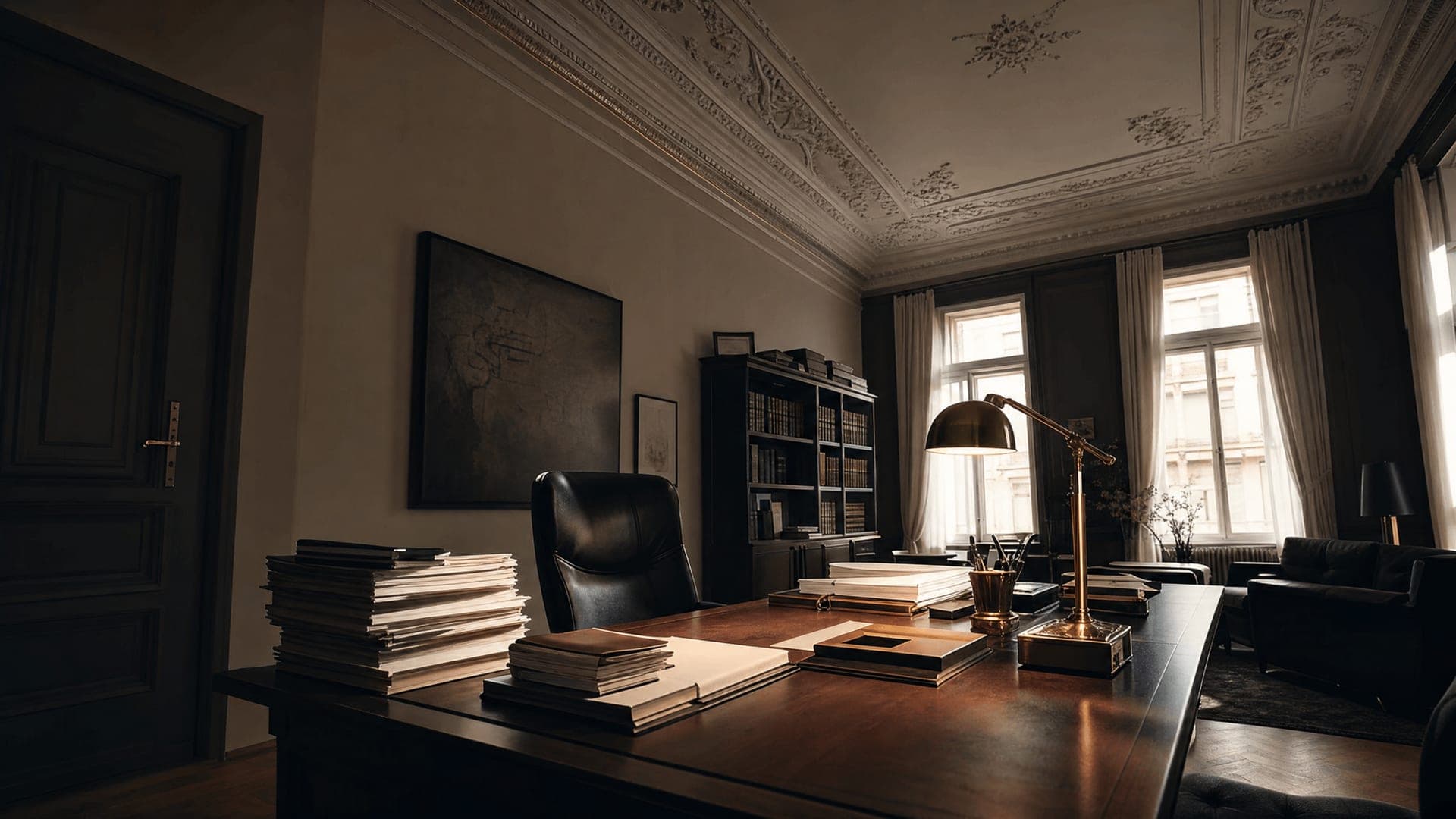 Schreibtisch in der Kanzlei mit Akten und Bibliothek
