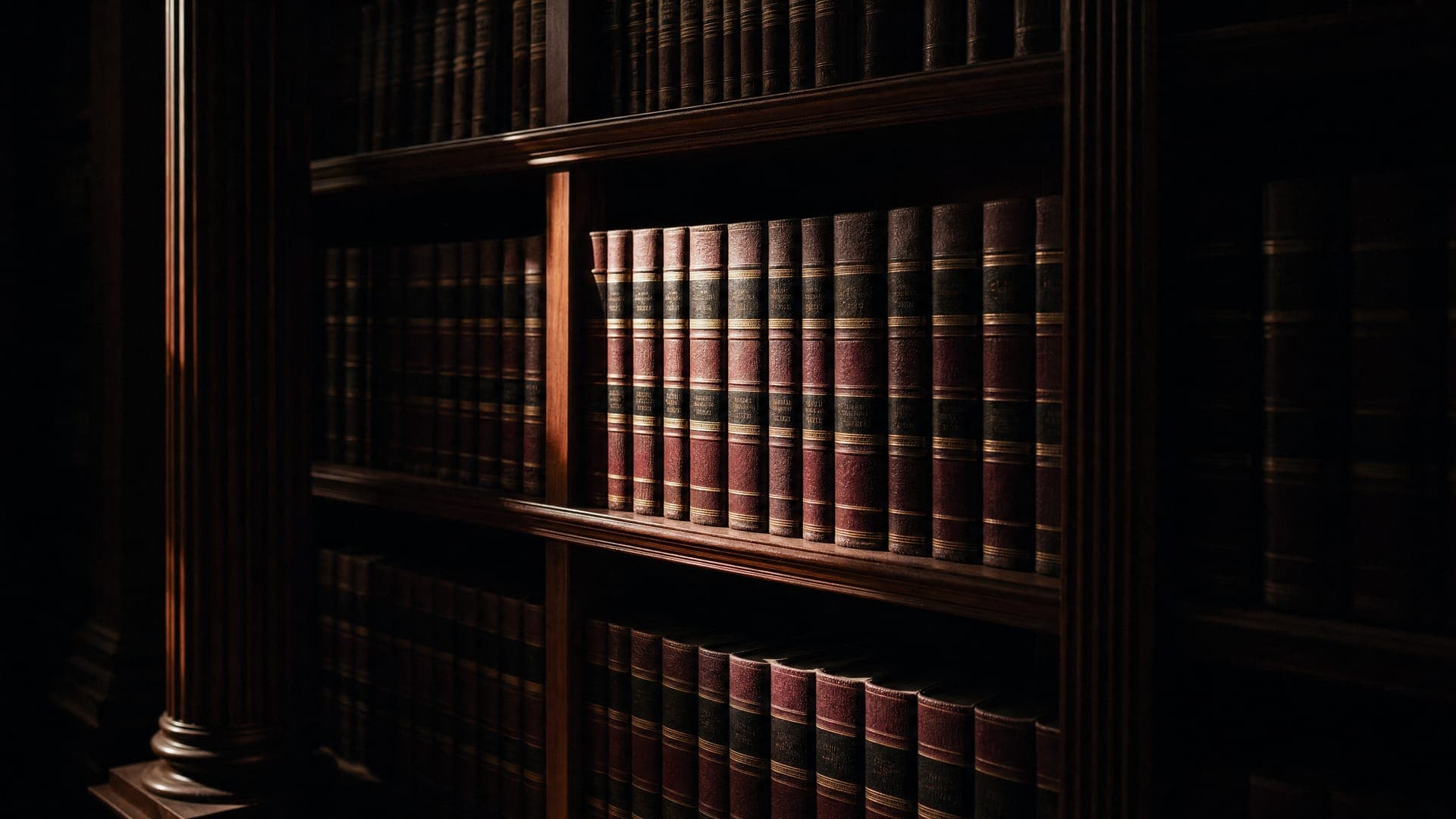 Bibliotheksregal mit dunklen Strafrechtsbänden, Lichtstrahl