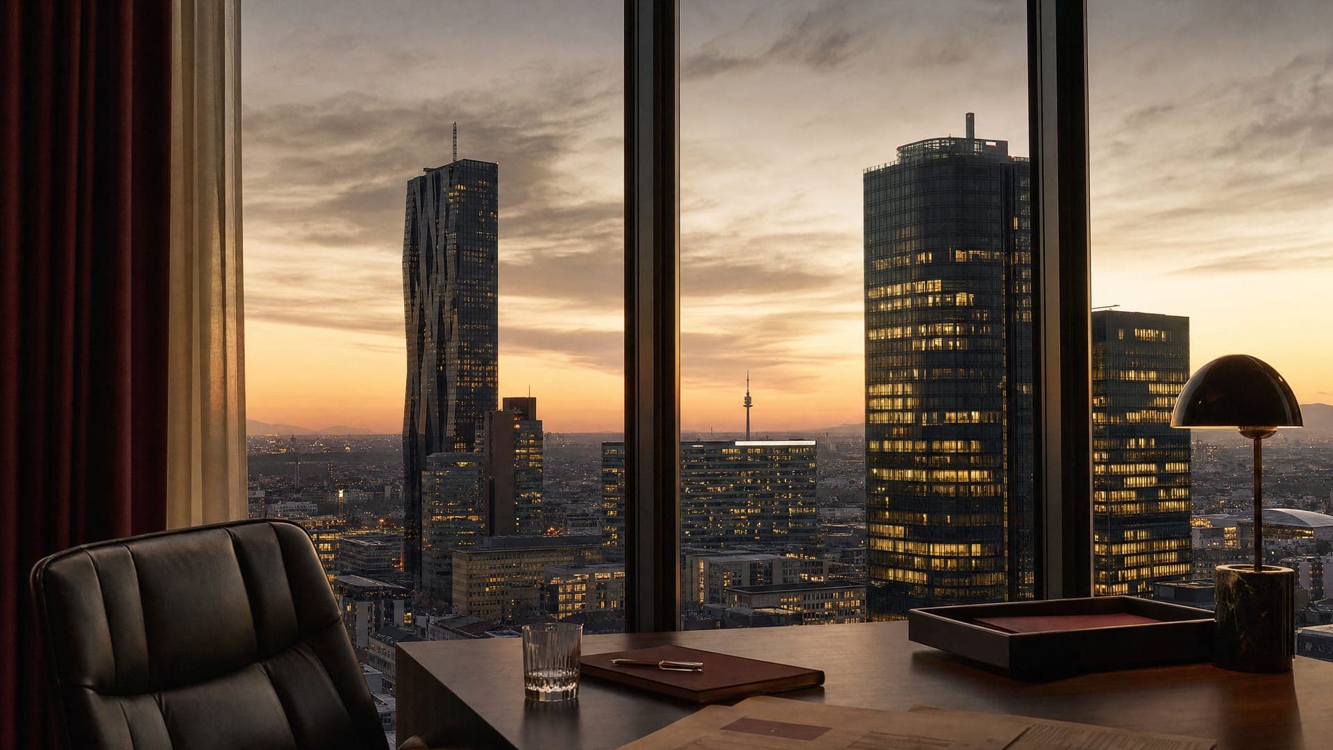 Wiener Business-District-Skyline aus Eckbüro bei Dämmerung