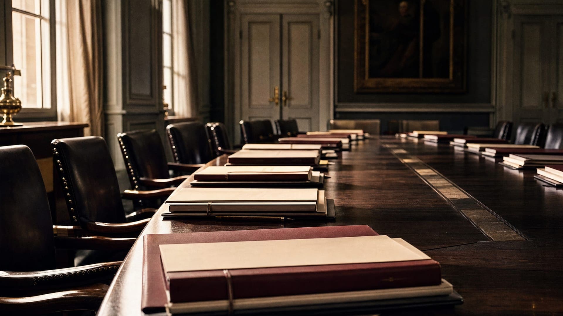 Konferenzraumtisch mit Aktenstapeln in Lederbindern