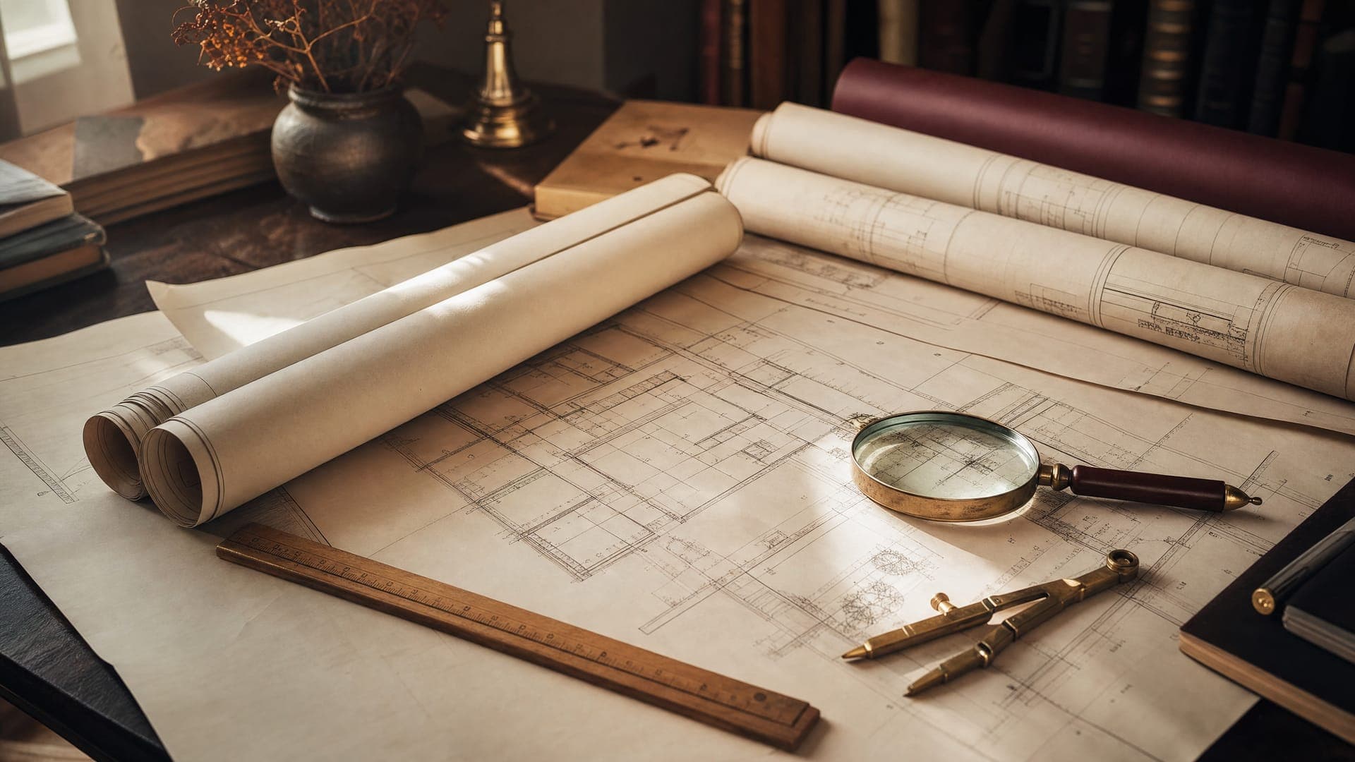 Architekturzeichnung und Lupe auf dunklem Schreibtisch